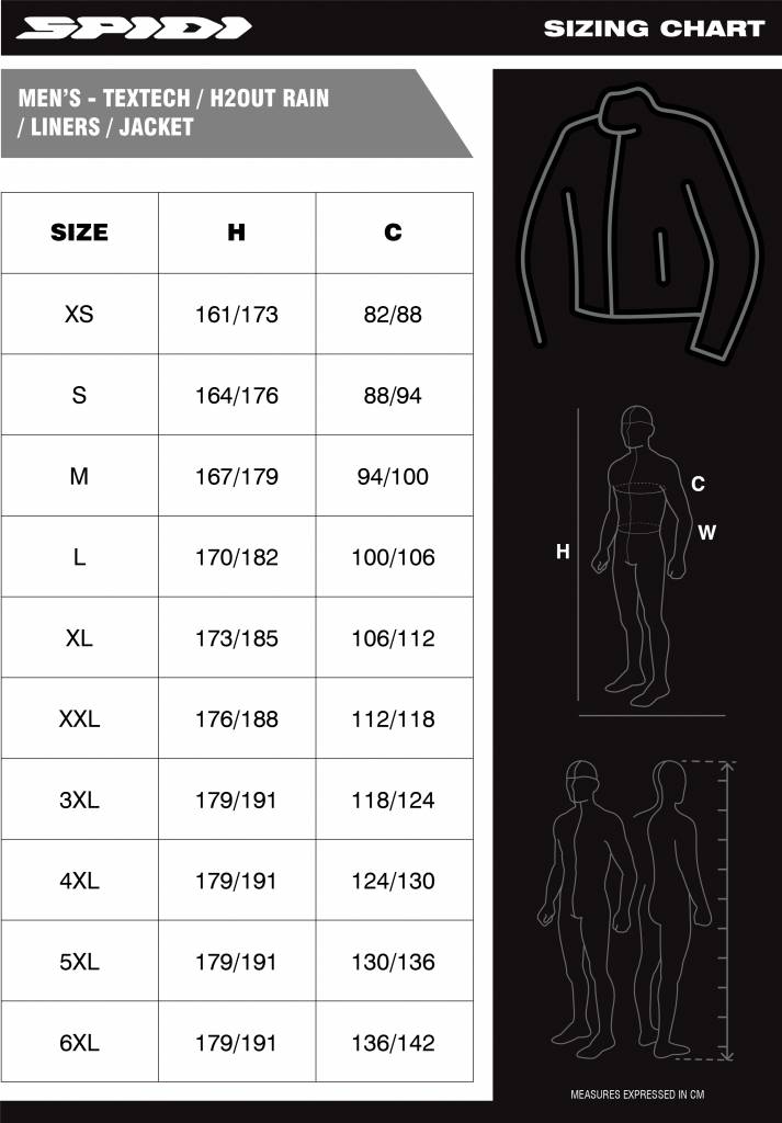 Spidi Men's Textech Jacket Size chart